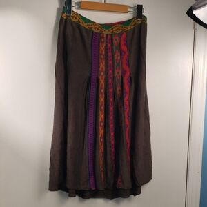 IVKO Brown A-Line Maxi Skirt with Multicolor Embroidered Panels Linen Skirt 38